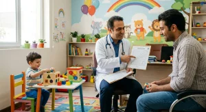 پزشک متخصص اطفال در حال بررسی نمودار رشد و ارزیابی مهارتهای کودک