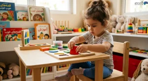 کودک در حال حل پازل اشکال هندسی جهت تقویت درک شناختی و حل مسئله