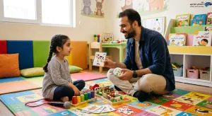 گفتاردرمانگر مرد در حال تمرین ارتباط چشمی و بیان کلمات با کودک